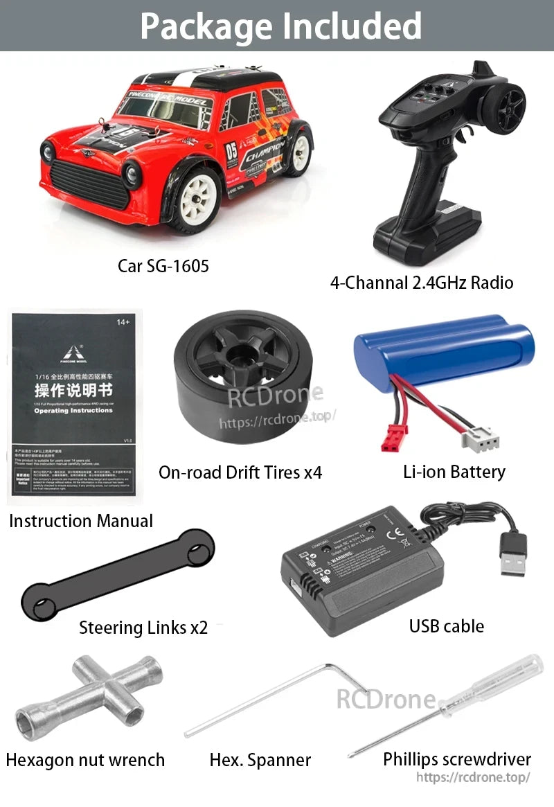 Skymaker SG1605 1:16 Drift RC, The package includes a car, 4-channel radio, tires, battery, manual, steering links, USB cable, wrench, spanner, and screwdriver.