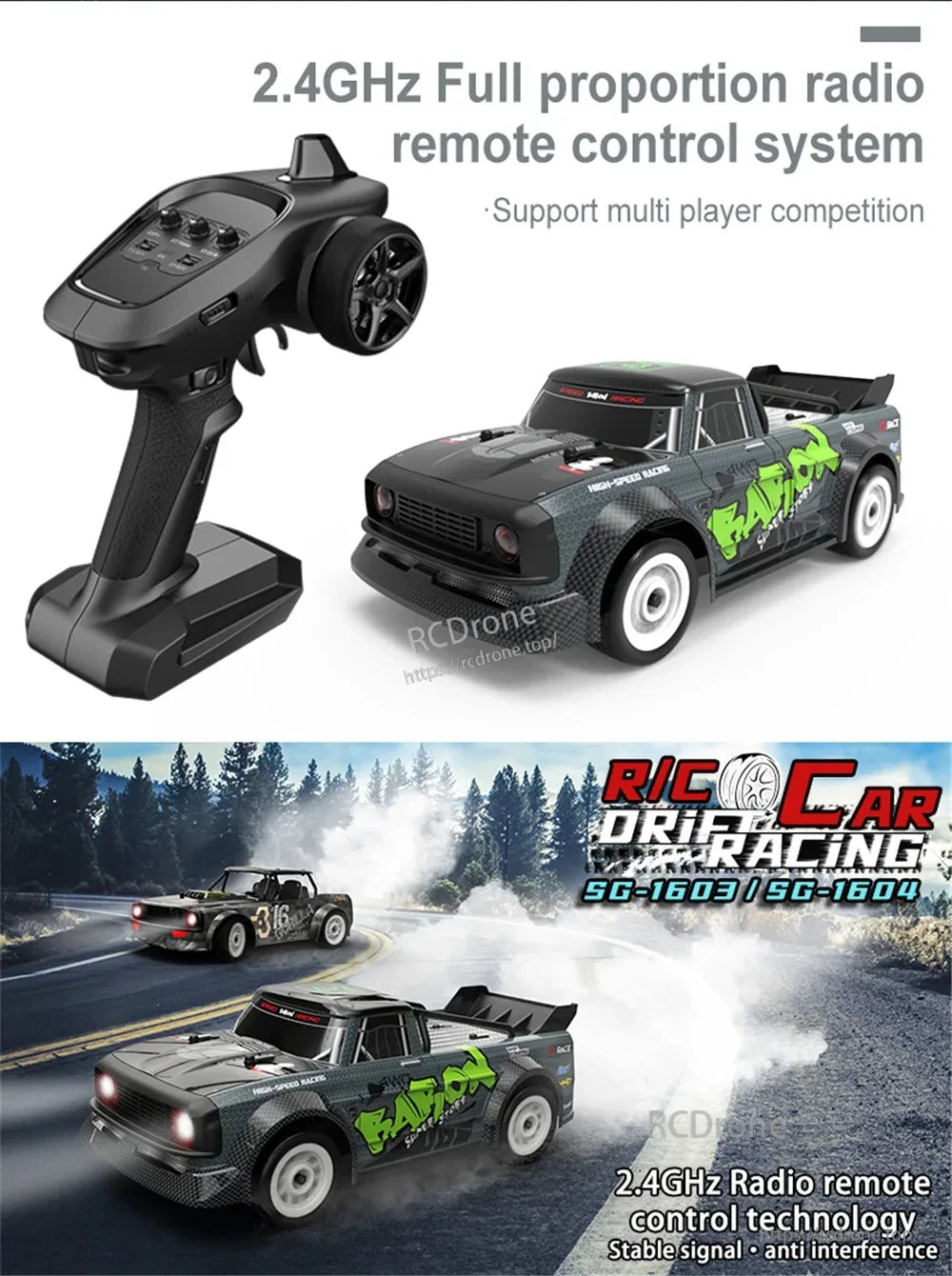 Skymaker SG1605 1:16 Drift RC, 2.4GHz full-proportion remote control with stable, anti-interference signal and multiplayer support.