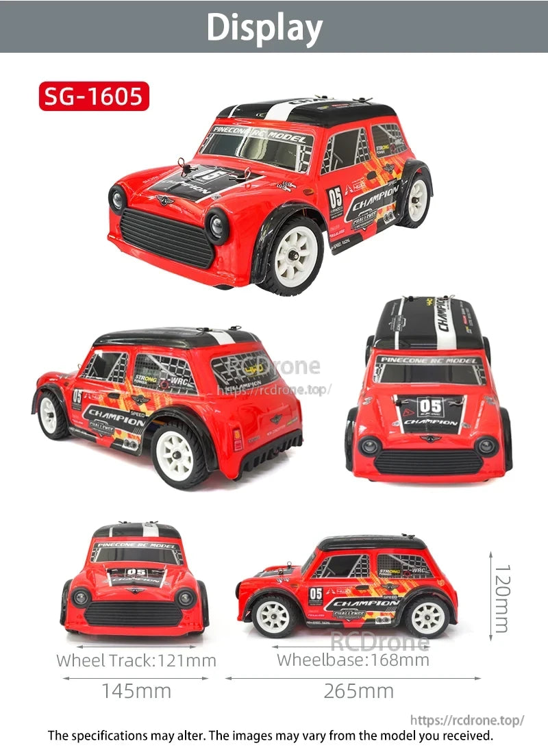 Skymaker SG1605 1:16 Drift RC, Red and black 1:16 scale RC drift car, 265mm long, with detailed decals, 120mm height, 168mm wheelbase, and 121mm track width.