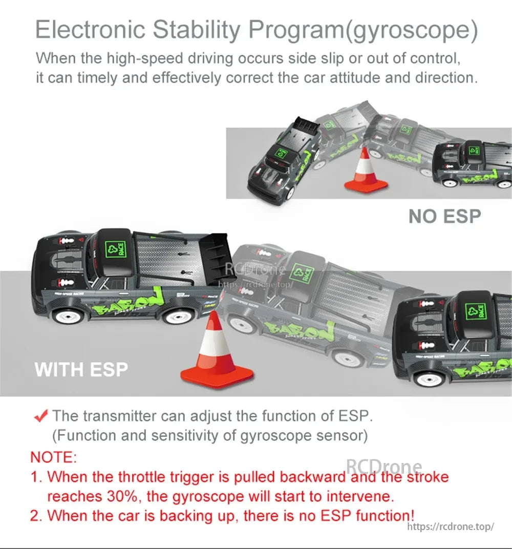 Skymaker SG1605 1:16 Drift RC, ESP uses a gyroscope to improve stability during high-speed slips, maintaining control around obstacles. Adjustable via transmitter, it activates at 30% throttle backward stroke but doesn't work in reverse.