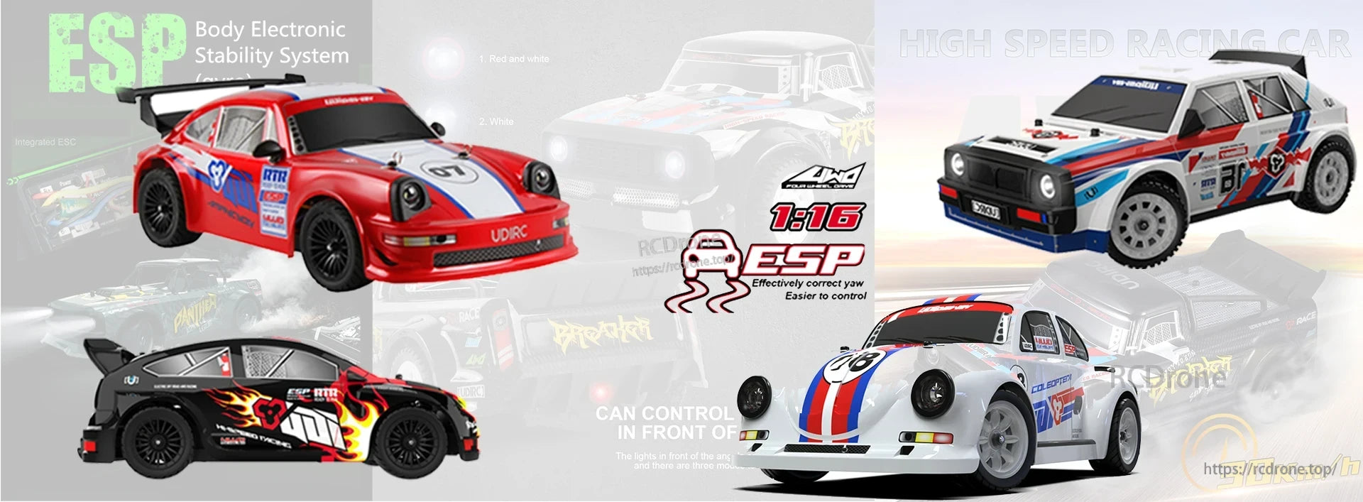 Skymaker SG1605 1:16 Drift RC, 1:16 scale 4WD drift RC car with ESP, 30km/h speed, LED lights, three driving modes, and flame designs in red/white or black. Includes ESC for enhanced control.