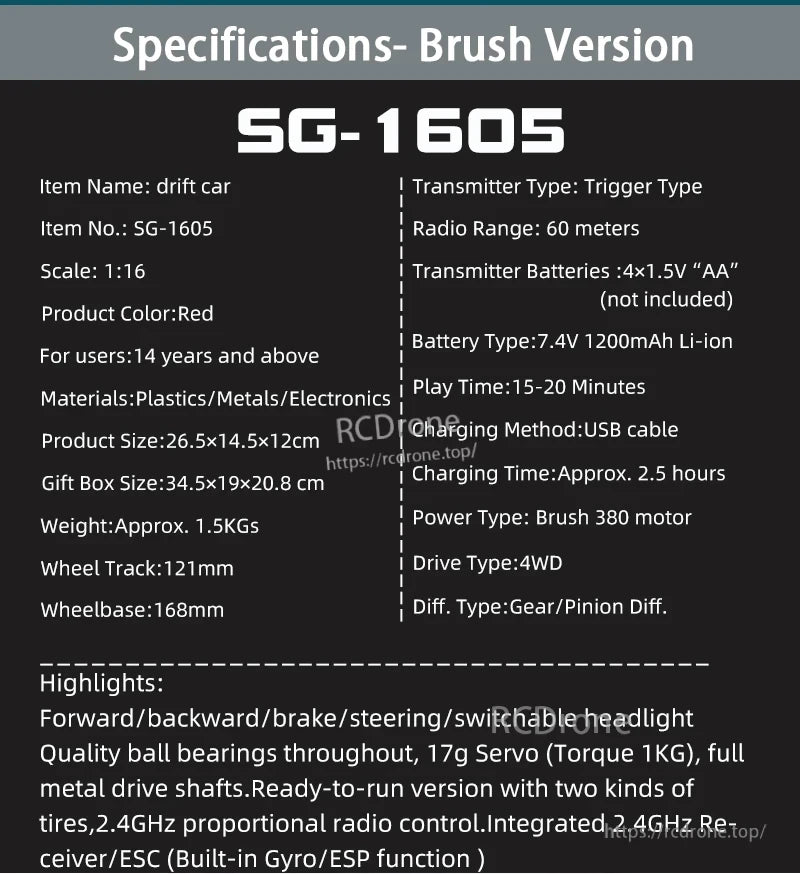 Skymaker SG1605 1:16 Drift RC, SG-1605 is a 1:16 red RC drift car with 4WD, 380 motor, 2.4GHz control, USB charging, 15-20 min runtime, 60m range, lights, metal shafts, gyro/ESP, and 17g servo.