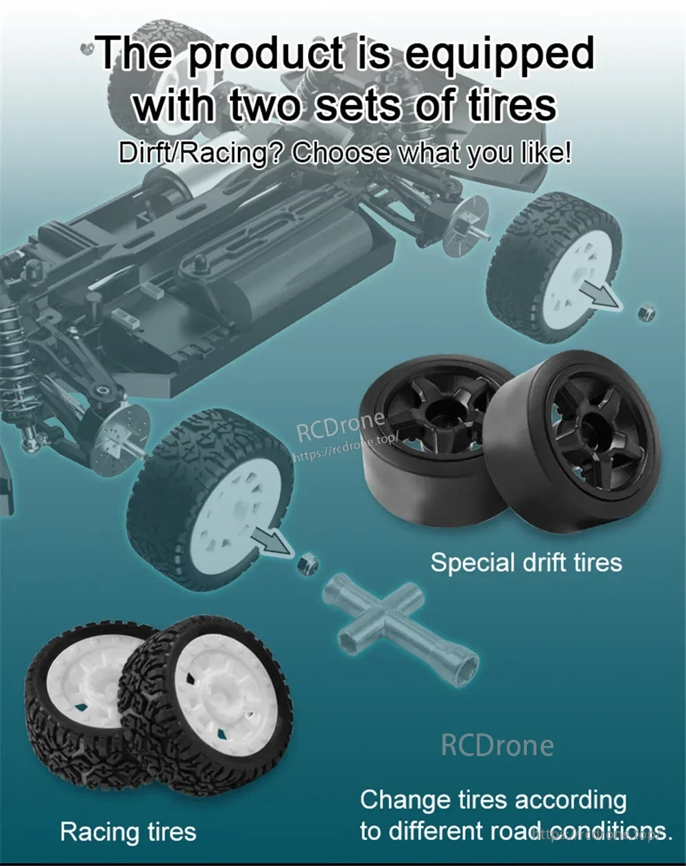 Skymaker SG1605 1:16 Drift RC, Product includes two tire sets: drift and racing, for varied road conditions.