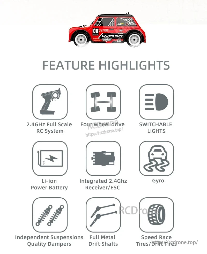 Skymaker SG1605 1:16 Drift RC features 2.4GHz control, 4WD, lights, Li-ion battery, gyro, metal shafts, and race tires for high-performance drifting and racing.