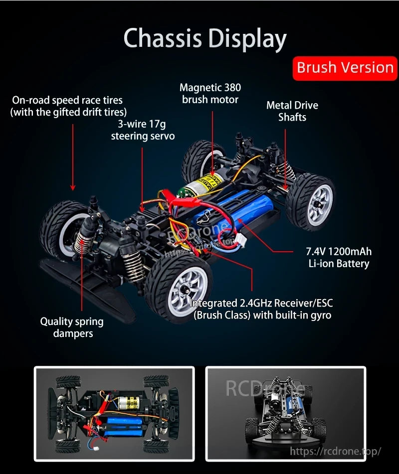 Skymaker SG1605 1:16 Drift RC, RC car with brush motor, metal shafts, 7.4V battery, integrated ESC/receiver, gyro, servo, dampers, and on-road tires.