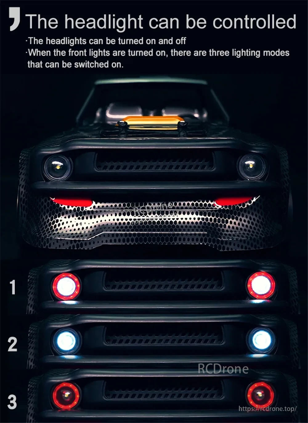 Skymaker SG1605 1:16 Drift RC, Headlights controllable with three lighting modes: white, blue, red.