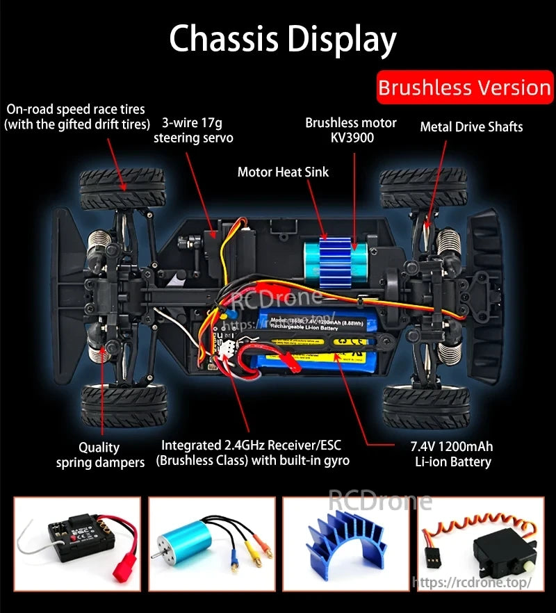 Skymaker SG1605 1:16 Drift RC, A high-performance 1:16 RC car with brushless motor, metal shafts, on-road tires, gyro-stabilized control, and Li-ion battery enables precise, fast drifting. (24 words)