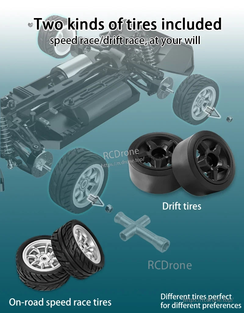 Skymaker SG1605 1:16 Drift RC, Two tire types for speed and drift racing, customizable performance.