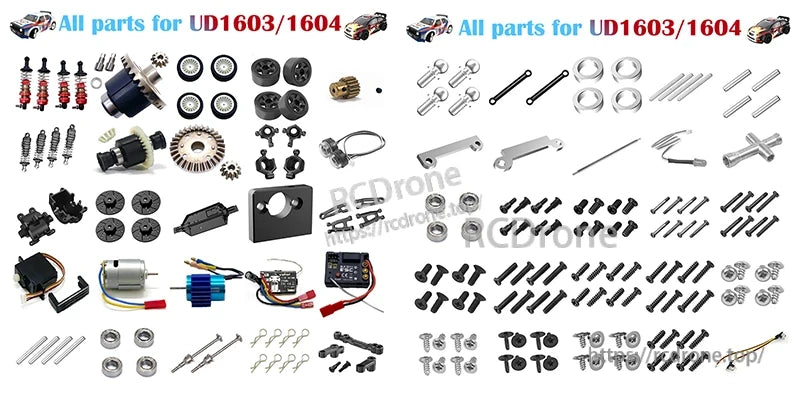 Skymaker SG1605 1:16 Drift RC, Complete set of replacement parts for UD1603/1604 RC drift car: motors, wheels, screws, gears, and electronics.