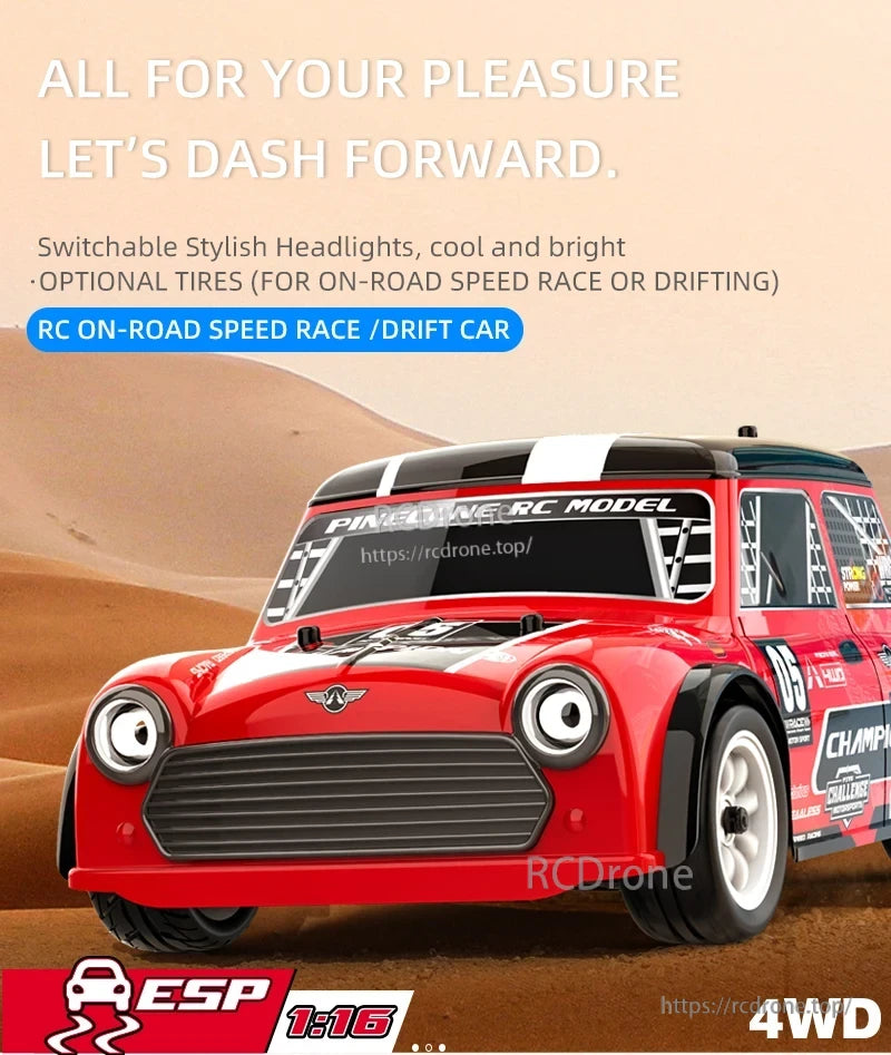 Skymaker SG1605 1:16 Drift RC, Stylish 1:16 scale RC car with switchable headlights, 4WD, ESP, and optional tires for on-road racing or drifting. Designed for speed and fun.