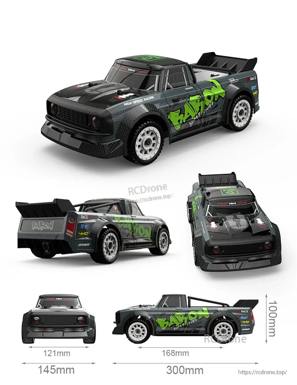 Skymaker SG1605 1:16 Drift RC, Skymaker SG1605 1:16 black and green RC drift car, high-speed racing, compact 300x168x100mm design.