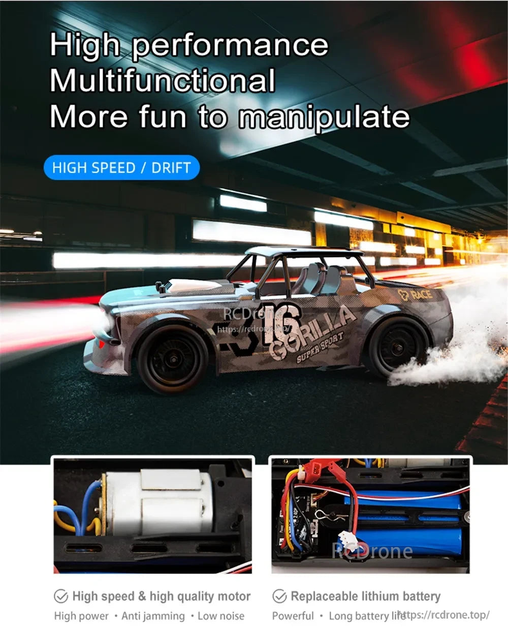 Skymaker SG1605 1:16 Drift RC, High performance multifunctional RC drift car with high-speed motor and replaceable lithium battery.