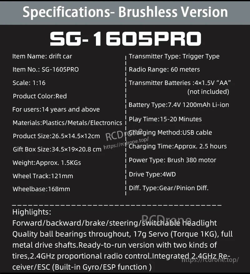 Skymaker SG1605 1:16 Drift RC, SG-1605PRO 1:16 red drift RC car features brushless 4WD, 7.4V battery, 60m range, USB charging, gyro/ESP, metal shafts, dual tires, ready-to-run, 15-20 min playtime.