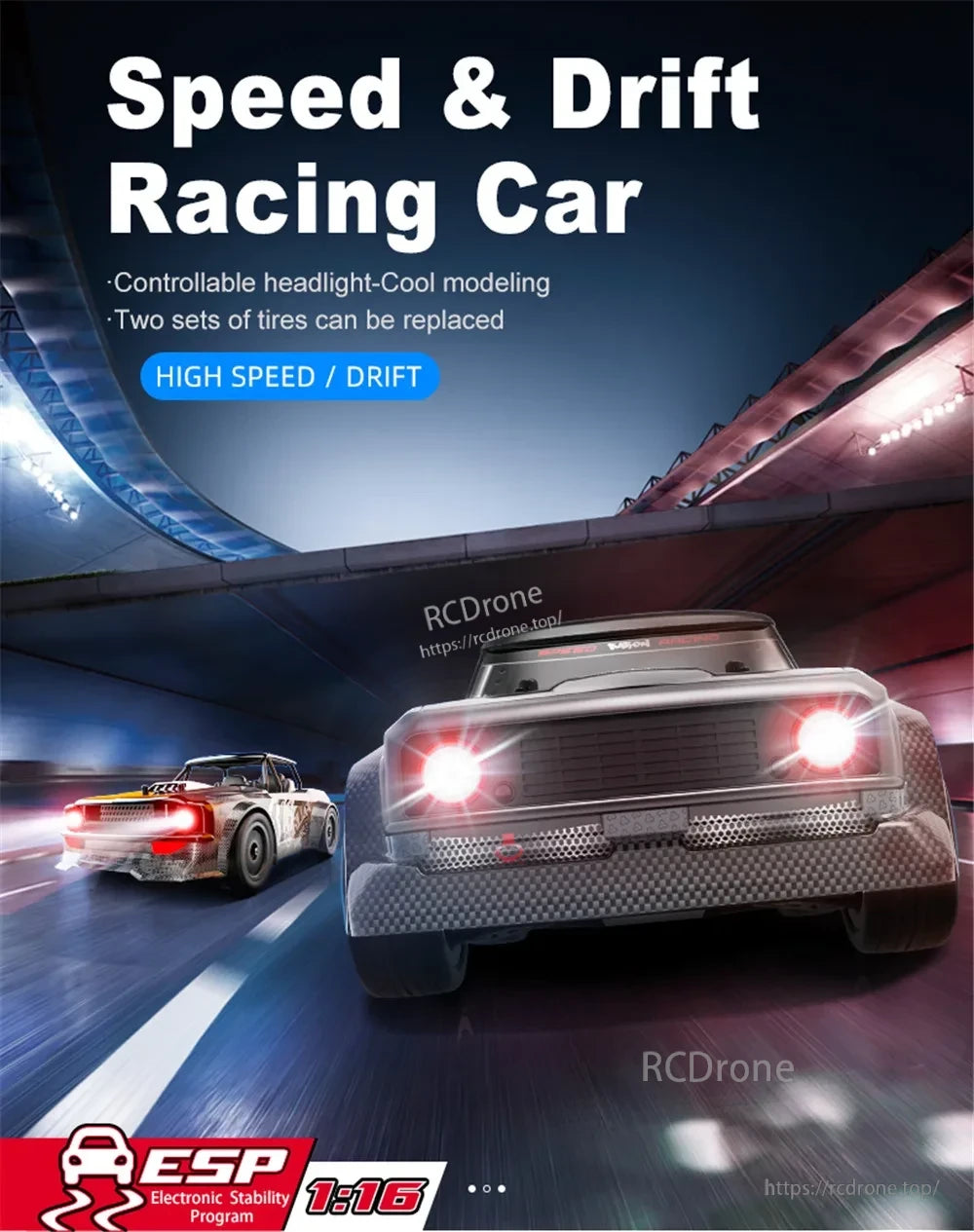 Skymaker SG1605 1:16 Drift RC, 1:16 scale racing car with speed, drift capability, ESP, controllable headlights, and replaceable tires for enhanced performance and customization.