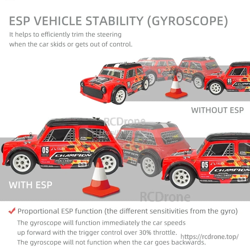 Skymaker SG1605 1:16 Drift RC, ESP Vehicle Stability uses a gyroscope for better control during skids, activates above 30% throttle forward, and enhances handling with gyroscopic stabilization.
