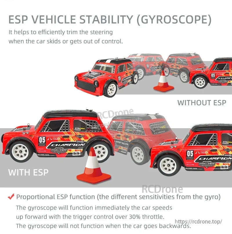 Skymaker SG1605 1:16 Drift RC, Gyroscope-based ESP improves steering control during skids above 30% throttle in forward motion, remains inactive in reverse, ensuring stable drifts via proportional gyro function.