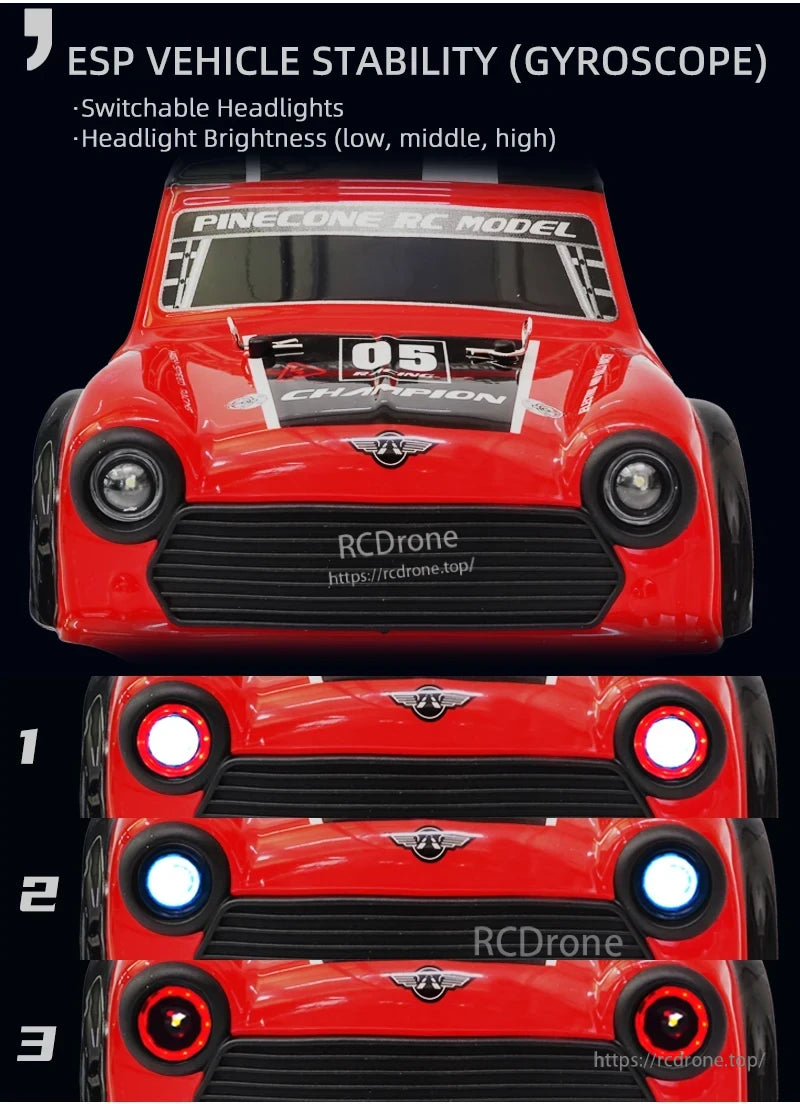 Skymaker SG1605 1:16 Drift RC, ESP ensures vehicle stability; headlights are switchable with three brightness levels: low, medium, and high.