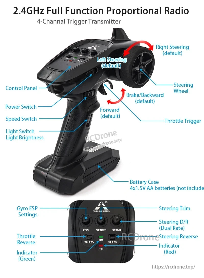 Skymaker SG1605 1:16 Drift RC, 2.4GHz 4-channel transmitter with steering wheel, throttle, switches, battery case, and adjustable gyro, trim, and dual rate settings.