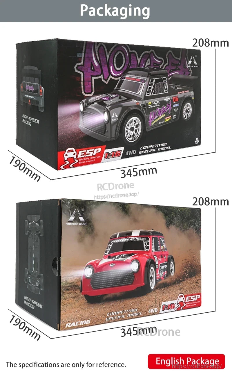 Skymaker SG1605 1:16 Drift RC, 1:16 scale 4WD racing drone with ESP, high-speed performance. Packaging: 345×208×190mm. English package. Specs for reference only.