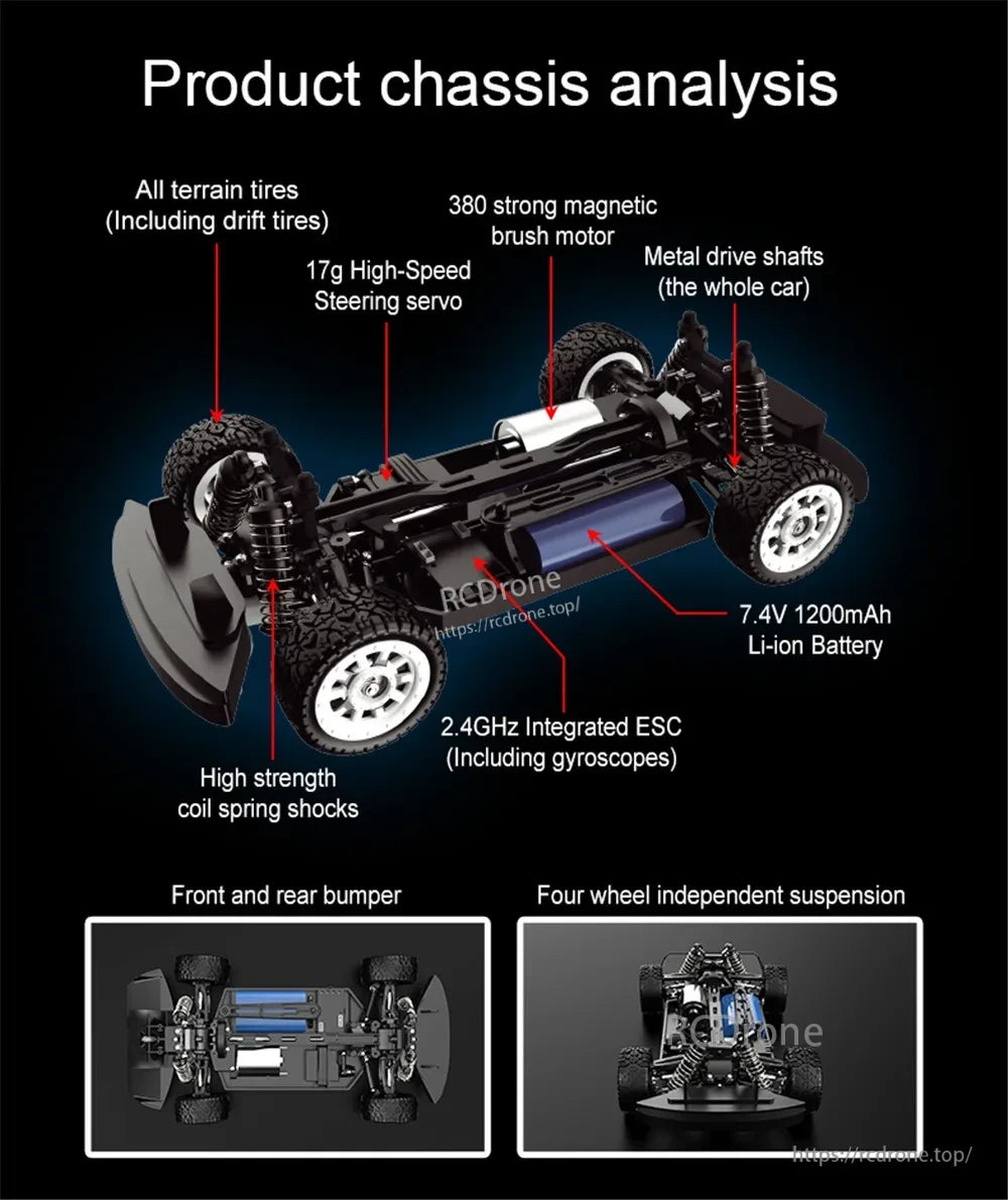 Skymaker SG1605 1:16 Drift RC, Durable all-terrain chassis features powerful motor, metal driveshafts, independent suspension, gyro-stabilized ESC, coil shocks, bumpers, and 7.4V battery for robust off-road performance.