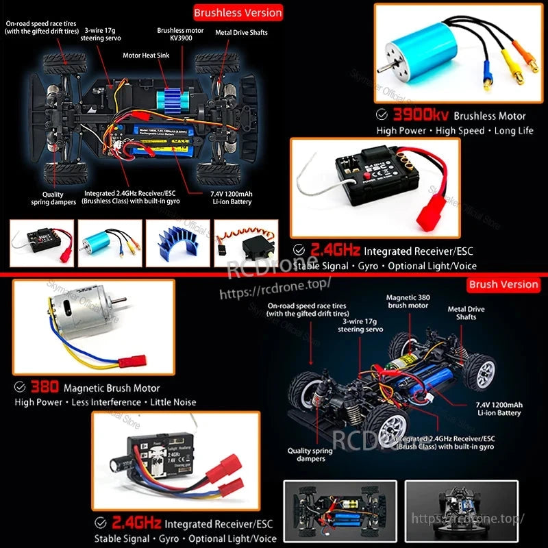 1:16 4WD RC drift car with brushless/brushed motor, 2.4G control, ESP gyro, 30–60 km/h speed, 7.4V battery, powerful motor options, integrated ESC/receiver, and durable metal components.