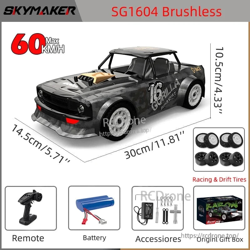 Skymaker SG1604 1:16 scale 4WD brushless RC car with 2.4G remote, ESP gyro, 60 km/h speed, 7.4V battery, accessories, and gift box included.