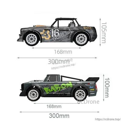 1:16 4WD RC car with brushless/brushed motor, 2.4G control, ESP gyro, drift capability, speed 30–60 km/h, powered by 7.4V 1200mAh battery.