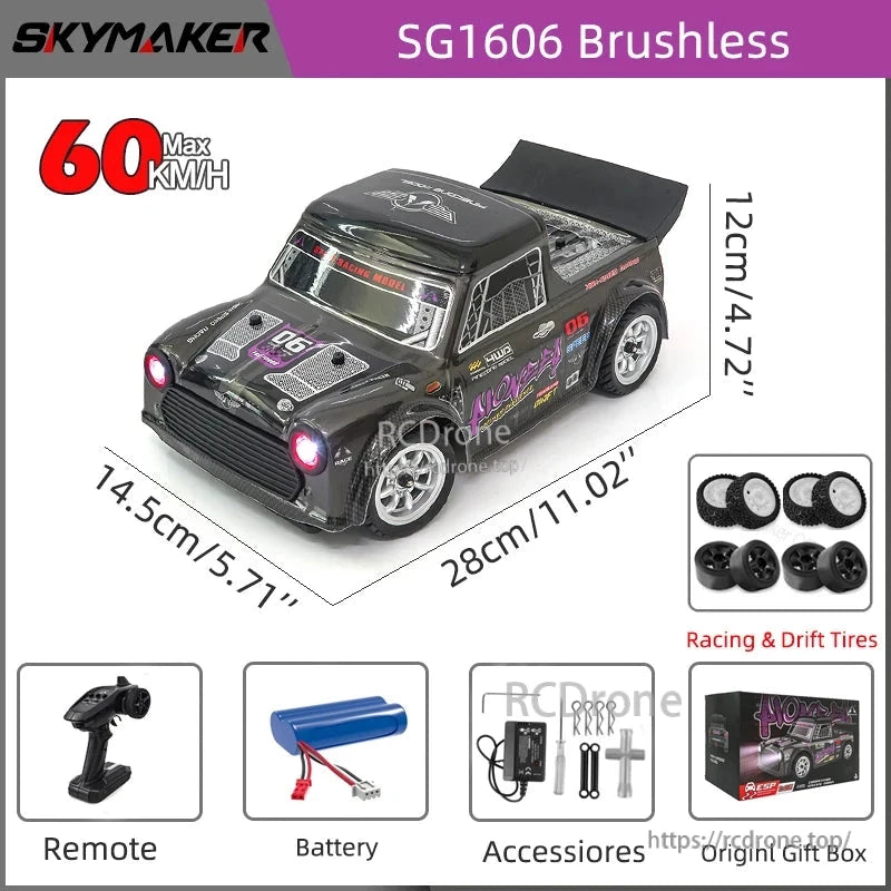 Skymaker SG1606 1:16 scale brushless RC car, 60 km/h max, 4WD drift, 2.4G remote, ESP gyro, includes battery, accessories, tires, and gift box.