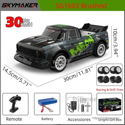 Skymaker SG1605/SG1606 features brushless motors, 2.4GHz frequency, ESP gyro and speed range of 30-60 km/h.