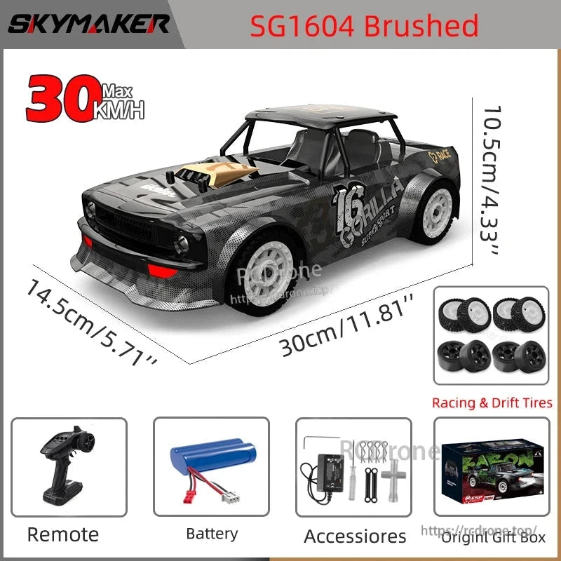 Skymaker SG1604 1:16 scale 4WD RC car with 2.4G control, ESP gyro, 30 km/h speed, 7.4V battery, includes remote, accessories, tires, and gift box.
