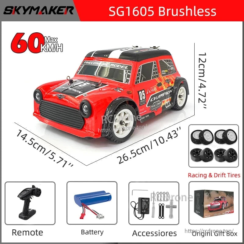Skymaker SG1605 1:16 scale brushless RC car, 60km/h, 4WD drift, 2.4G remote, ESP gyro, includes battery, accessories, tires, and gift box.