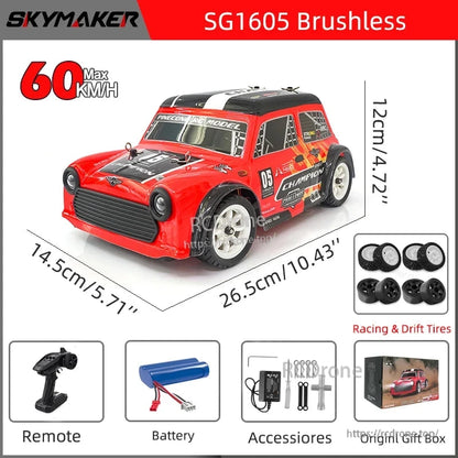 Skymaker SG1605 1:16 scale brushless RC car, 60km/h, 4WD drift, 2.4G remote, ESP gyro, includes battery, accessories, tires, and gift box.
