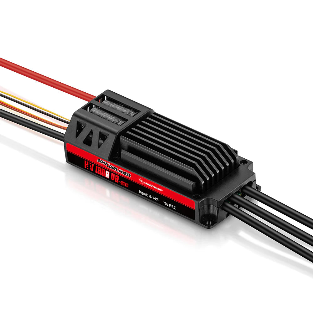 Hobbywing SkyWalker V2 130A OPTO brushless ESC with finned heatsink, input 6–14S and no BEC label