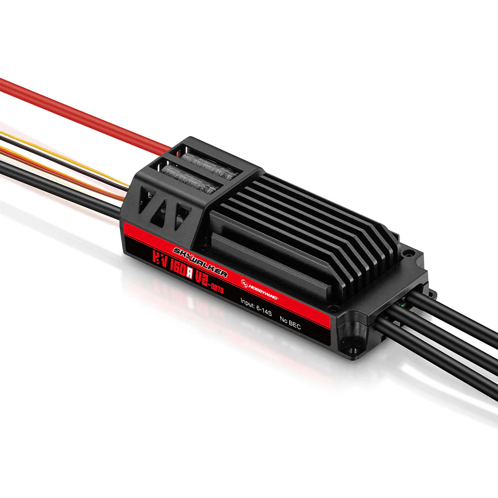 HobbyWing Skywalker 160A OPTO HV Single ESC, HobbyWing Skywalker HV 160A V2 OPTO ESC with finned heatsink, 6–14S input label and power leads