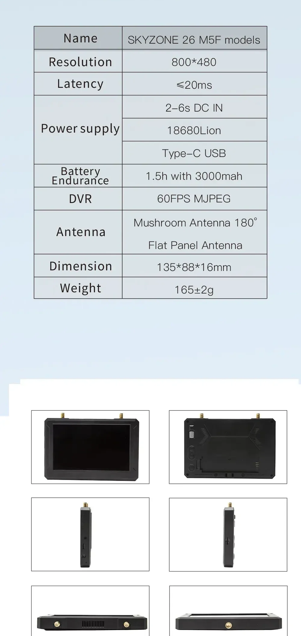 Specification chart for SKYZONE 26 M5F: 800x480 resolution, ≤20ms latency, 60FPS MJPEG DVR, 135×88×16mm