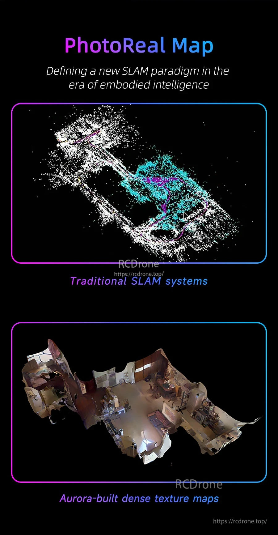 PhotoReal Map comparison: traditional SLAM point cloud vs Aurora-built dense textured maps