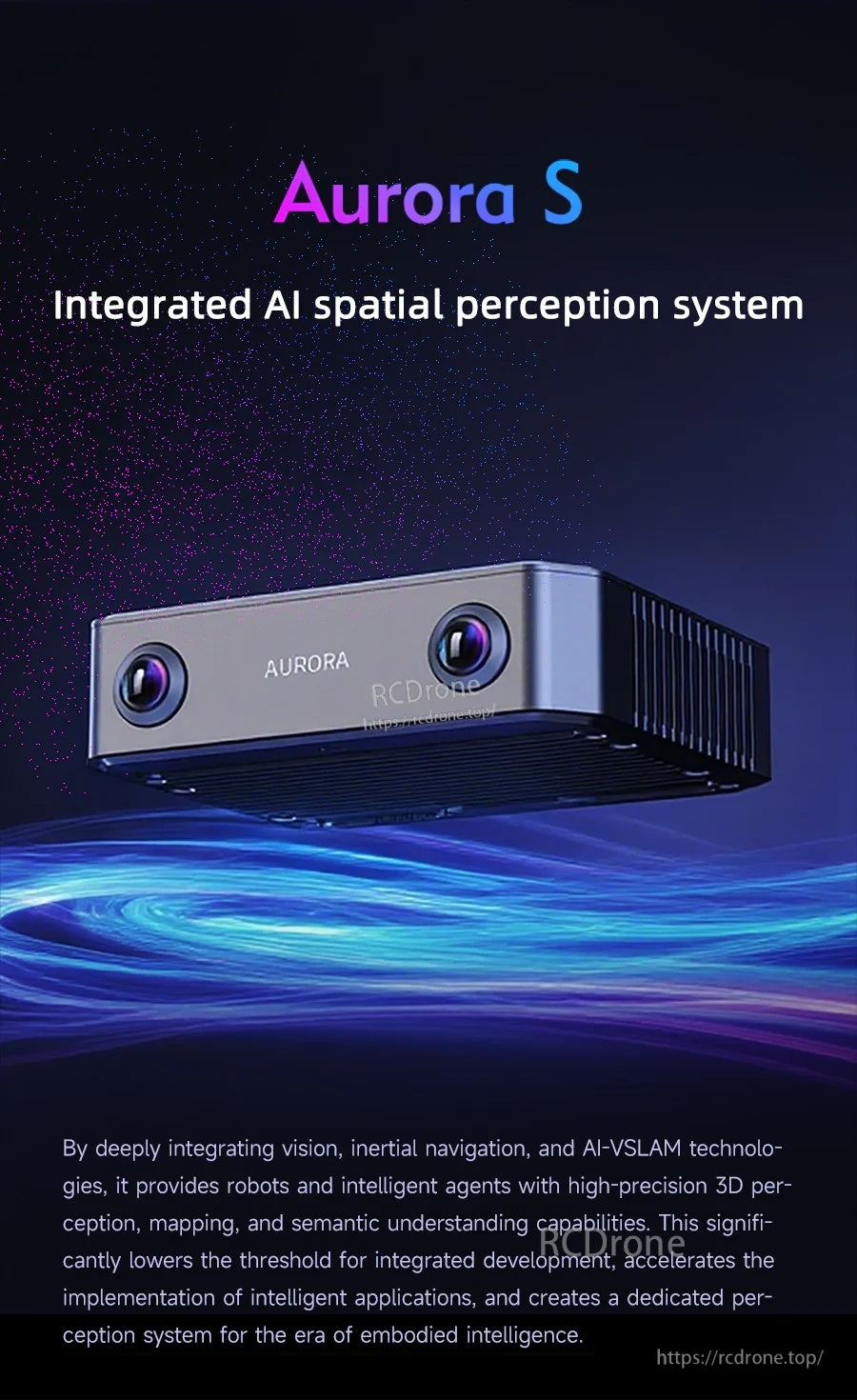 Aurora S device render showing front cameras and compact enclosure for AI spatial perception