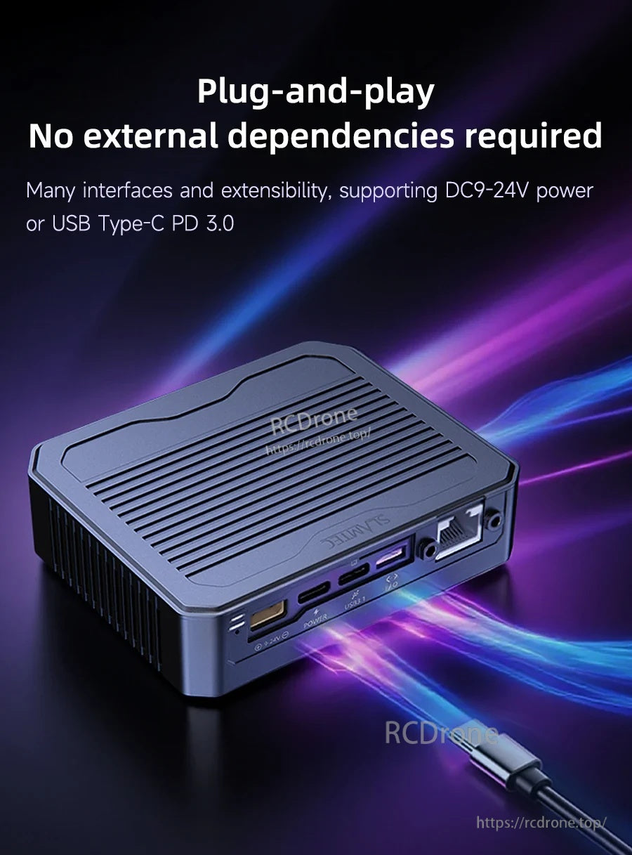 Aurora S plug-and-play enclosure showing ports and power options for DC 9–24V or USB-C PD 3.0