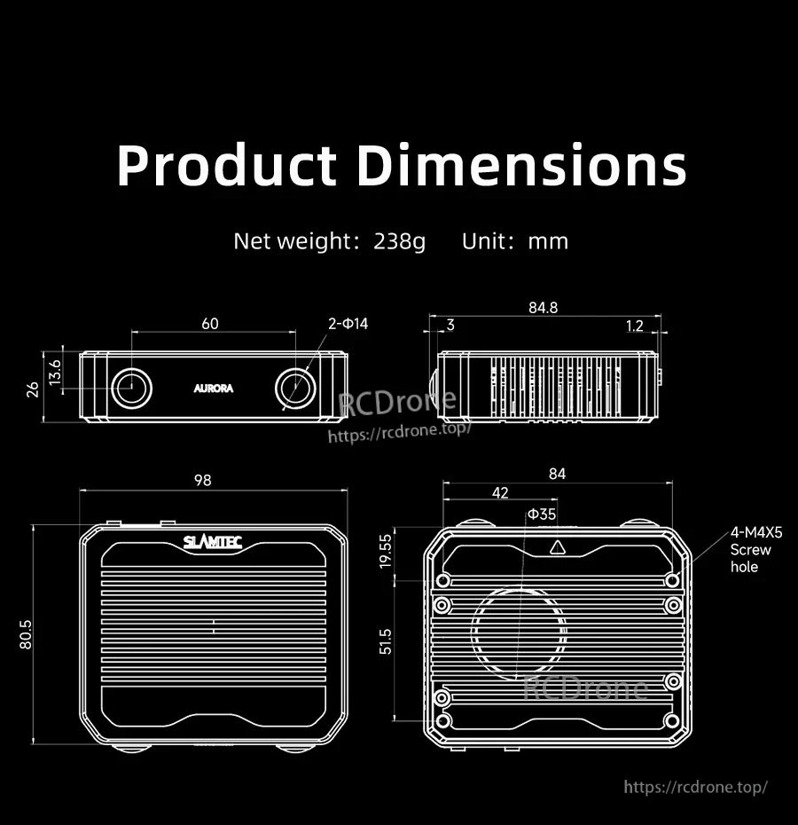 SLAMTEC Aurora S spatial perception module dimension drawing with 98×80.5 mm body, 238 g weight, and mounting holes