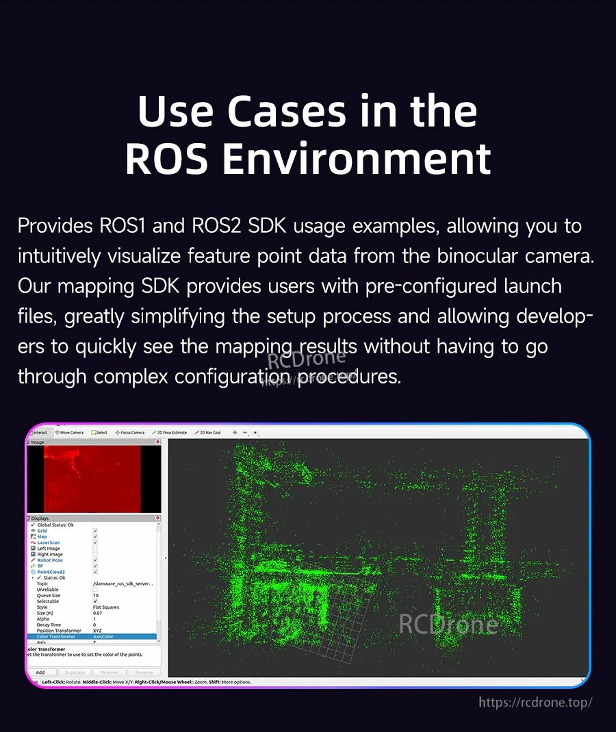 Use cases in the ROS environment slide showing ROS1/ROS2 SDK examples and a point cloud mapping visualization.