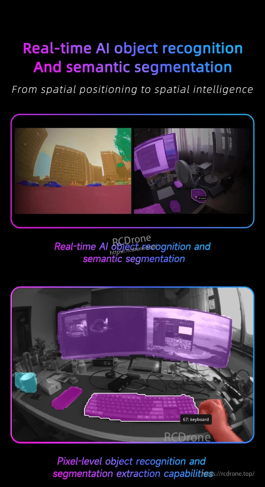 Real-time AI object recognition and semantic segmentation examples with pixel-level labeled objects