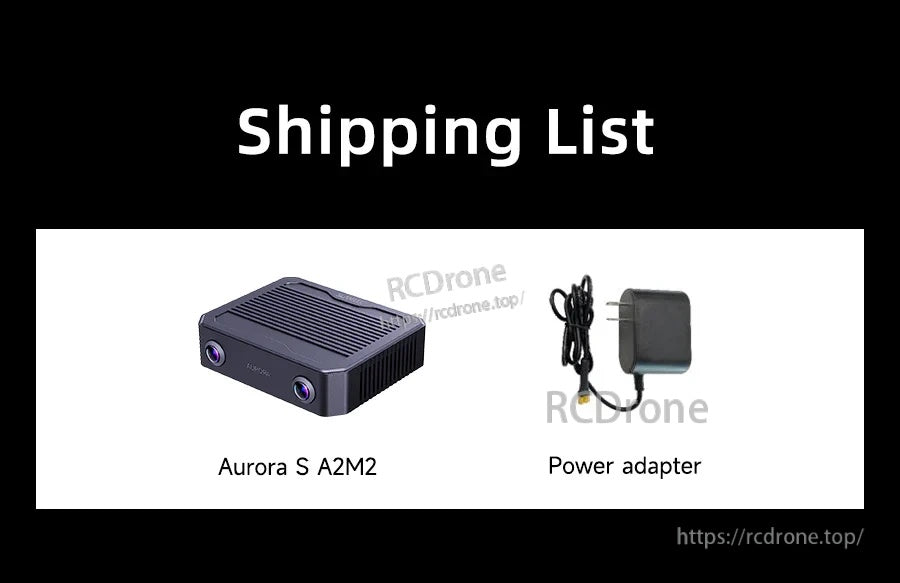 Shipping list showing SLAMTEC Aurora S A2M2 spatial perception unit and a power adapter