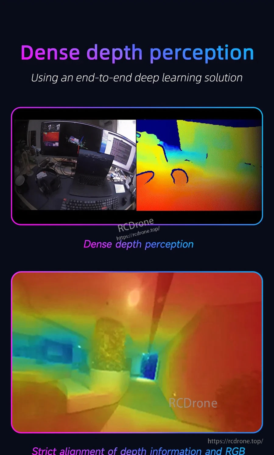 Dense depth perception examples with RGB view and aligned depth heatmap output