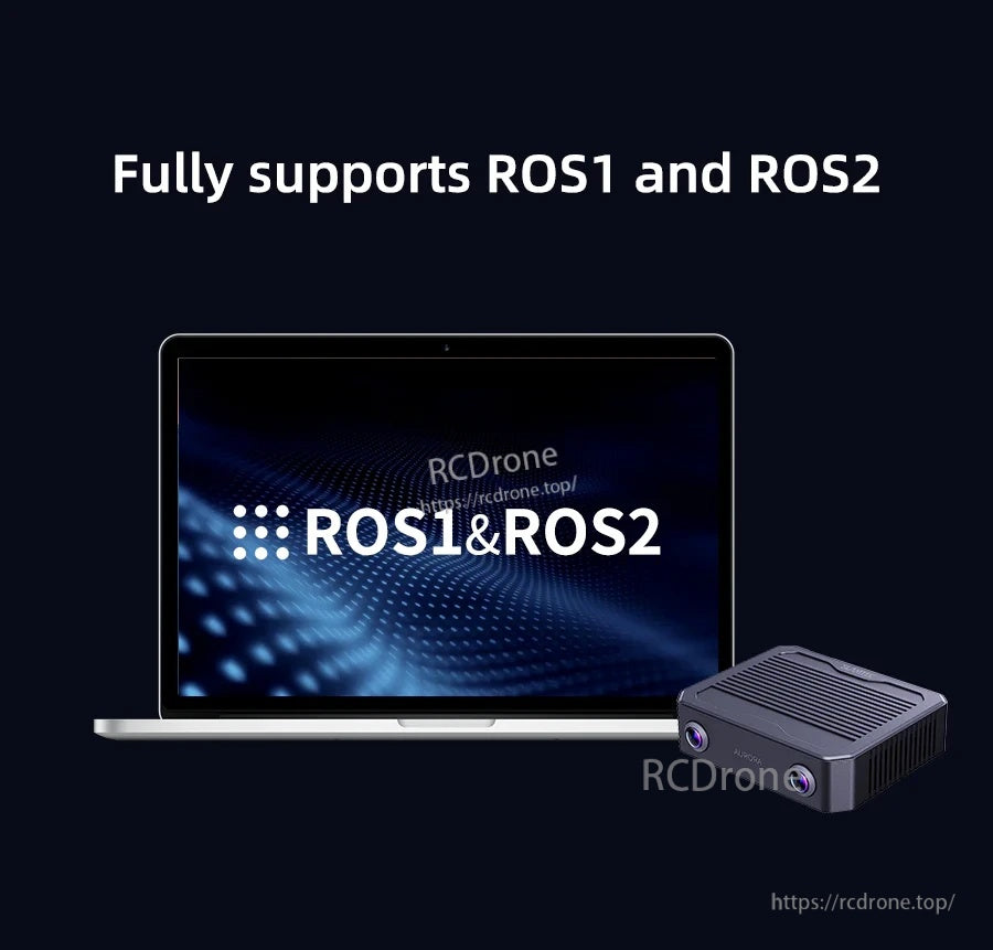 ROS1 and ROS2 support graphic for Aurora S mapping and navigation workflows on a laptop