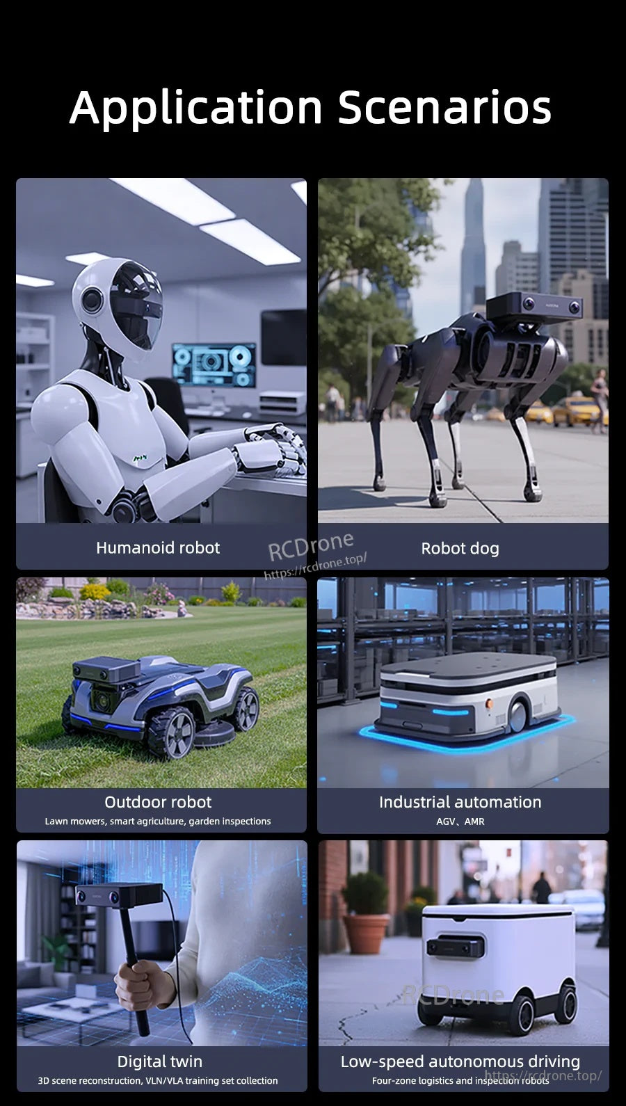 Application scenarios graphic for SLAMTEC Aurora S spatial perception system, including humanoid robots, robot dogs, AGVs and autonomous shū
