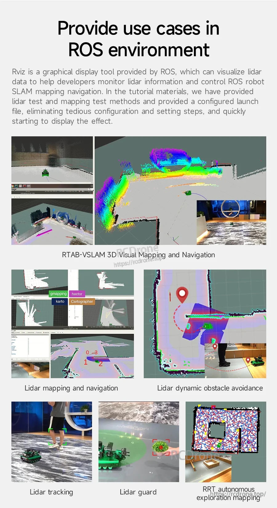 ROS environment use cases collage showing RViz mapping, navigation paths, obstacle avoidance, tracking, and guarding