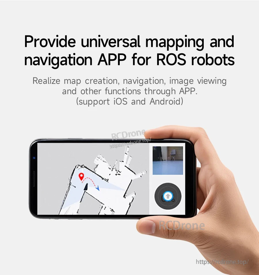 Smartphone displaying a ROS robot mapping and navigation app interface with map view and control buttons