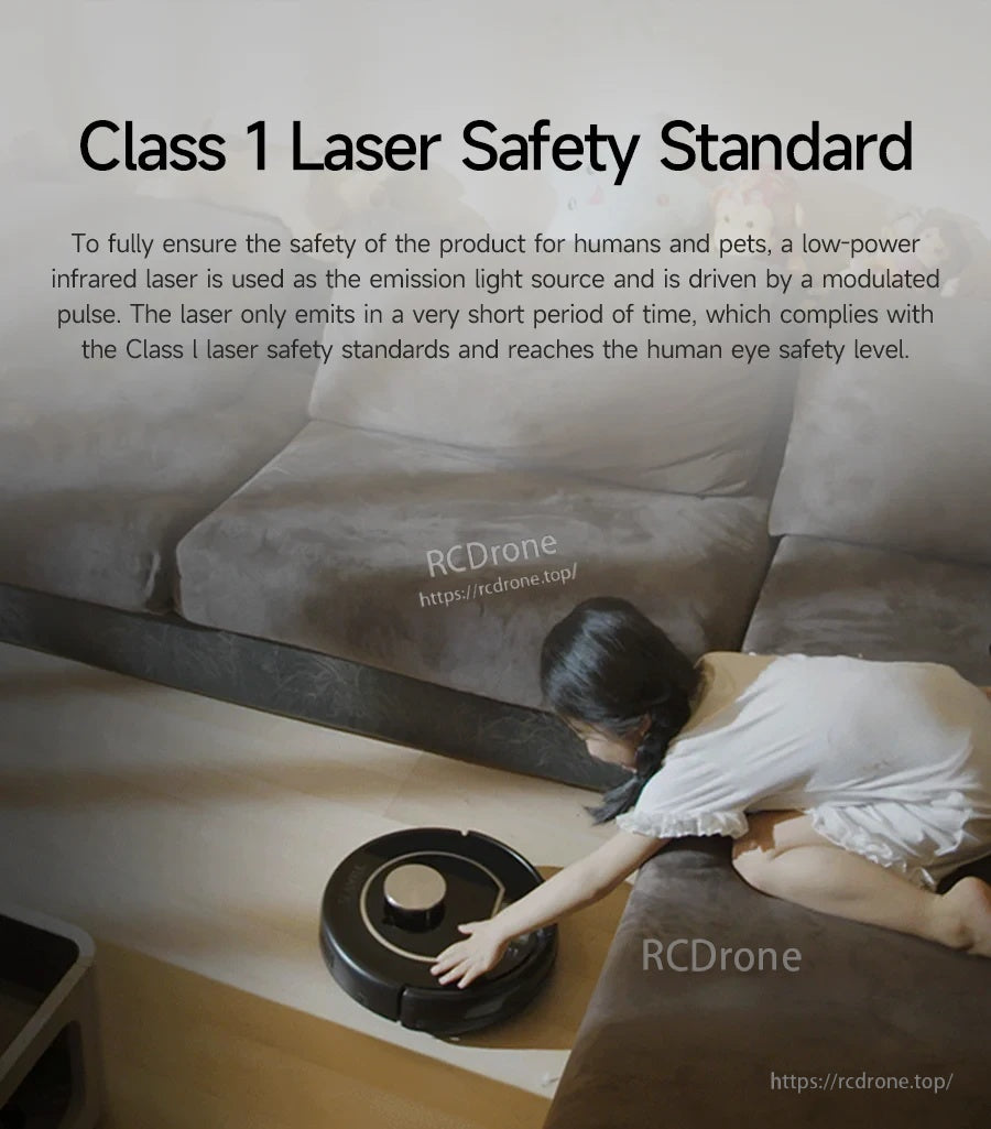 Class 1 laser safety standard graphic with a child reaching toward a round SLAM LiDAR robot in a living room
