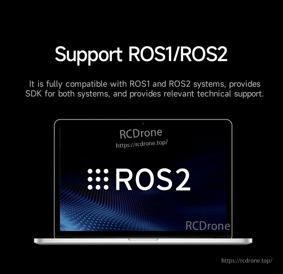 Support ROS1/ROS2 banner with laptop and ROS2 logo indicating SDK and system compatibility
