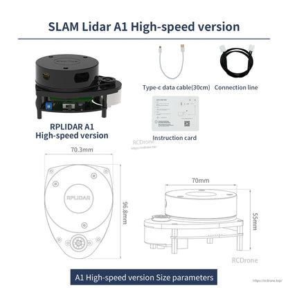 RPLIDAR A1 high-speed version kit with Type-C data cable, connection line, and size parameter drawings